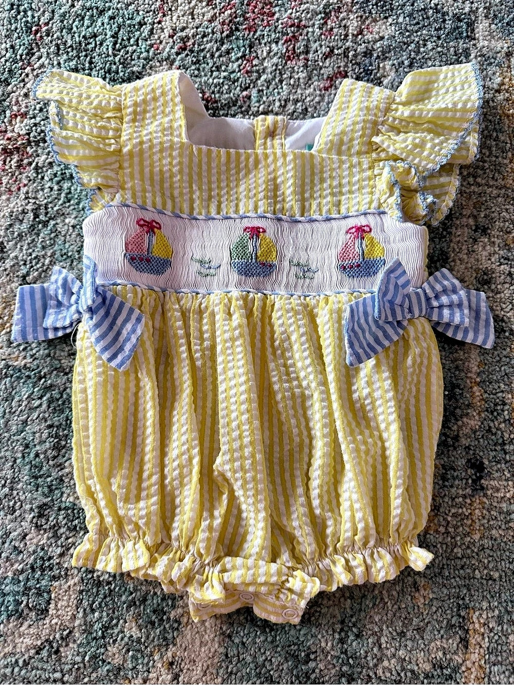 The Smocked Flamingo Smocked Yellow Sailboat Bubble 6M